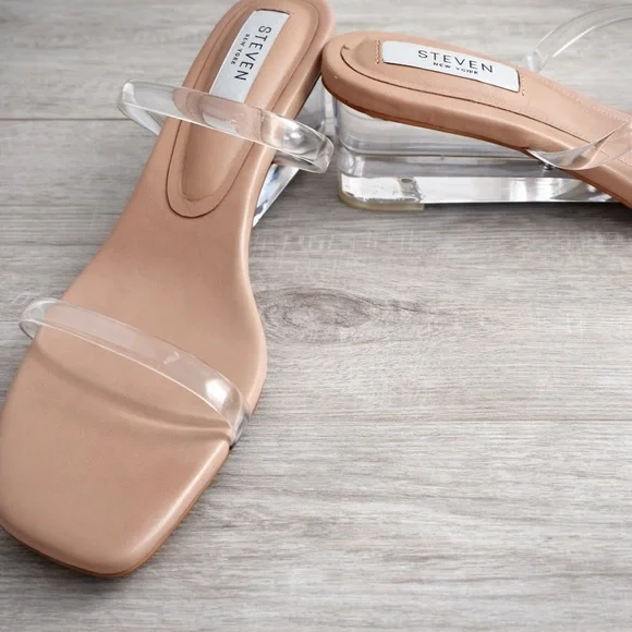 Steve Madden Clear-Strap Nude Block Heel Sandals - Picture 2 of 6